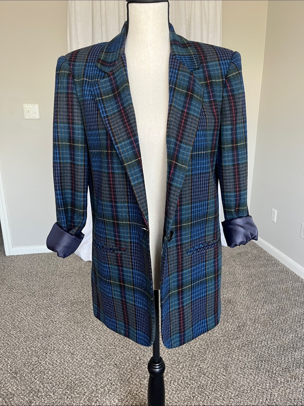 Vintage Wool Blend Oversized Relaxed Fit Long Blazer Blue Green Plaid 4 S M L